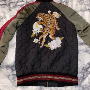 Zara Black and Green Embroidered Tiger Bomber Jacket